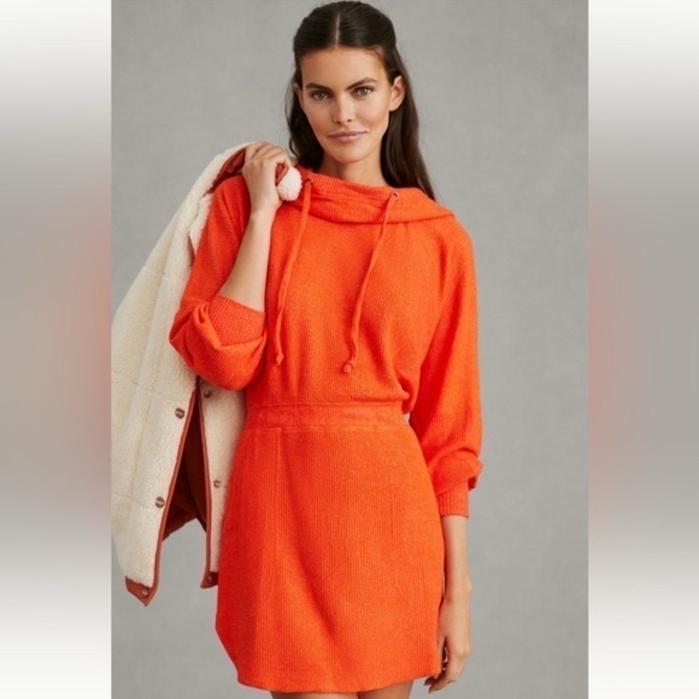 Anthropologie Vibrant Orange Hoodie Knit Mini Dress